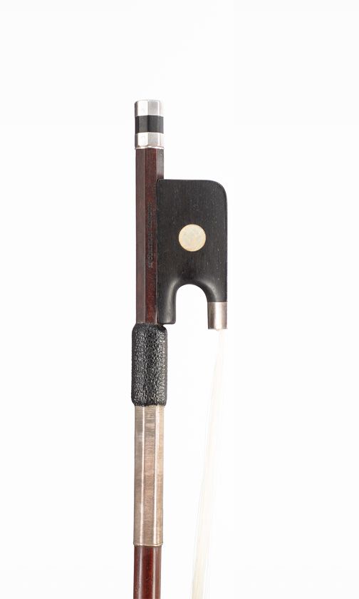 A silver-mounted cello bow by Matthew Coltman, London — frog detail