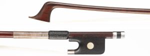 A silver-mounted cello bow by Matthew Coltman, London — head and frog