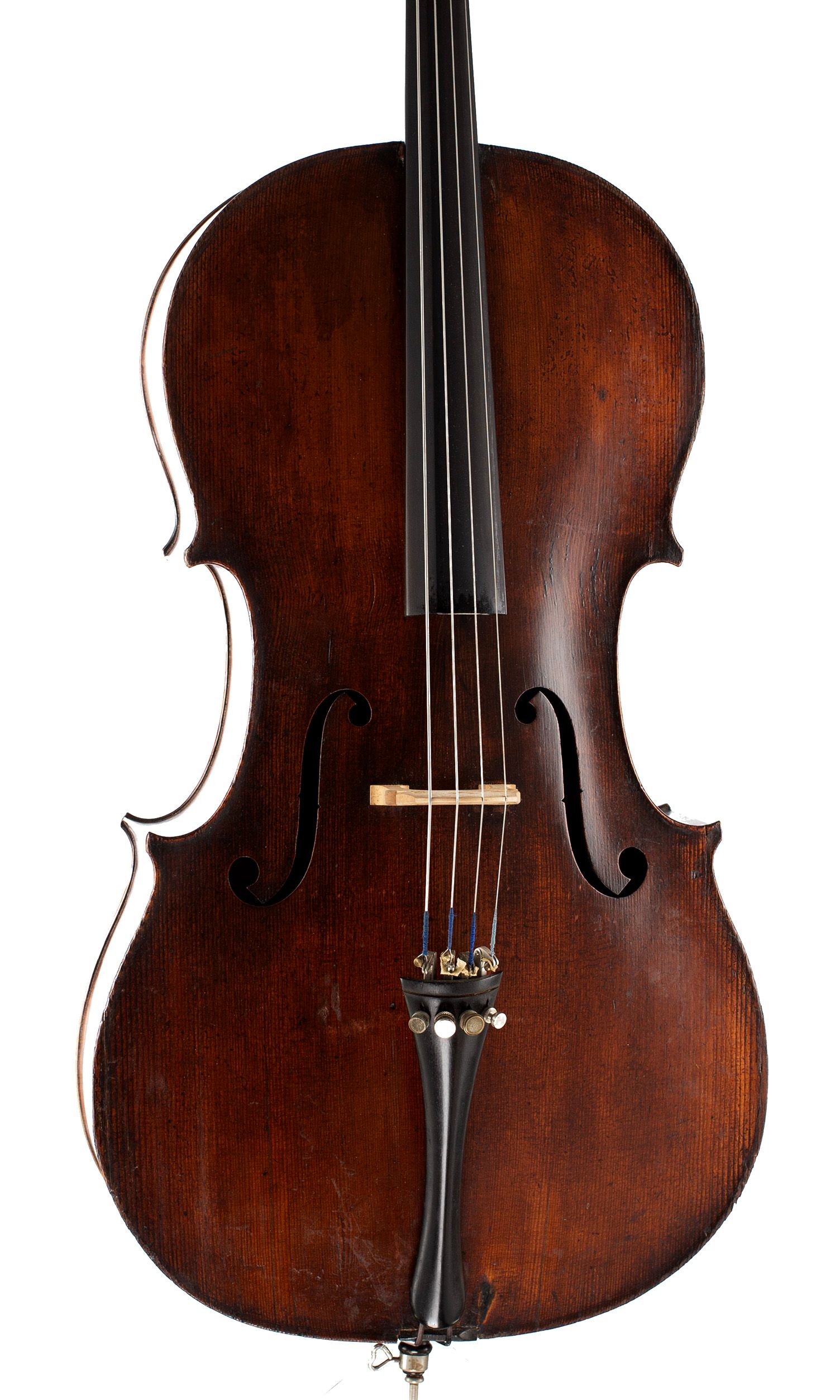 Cello, Workshop of Caussin, Vosges, circa 1890 — angled view, 10°