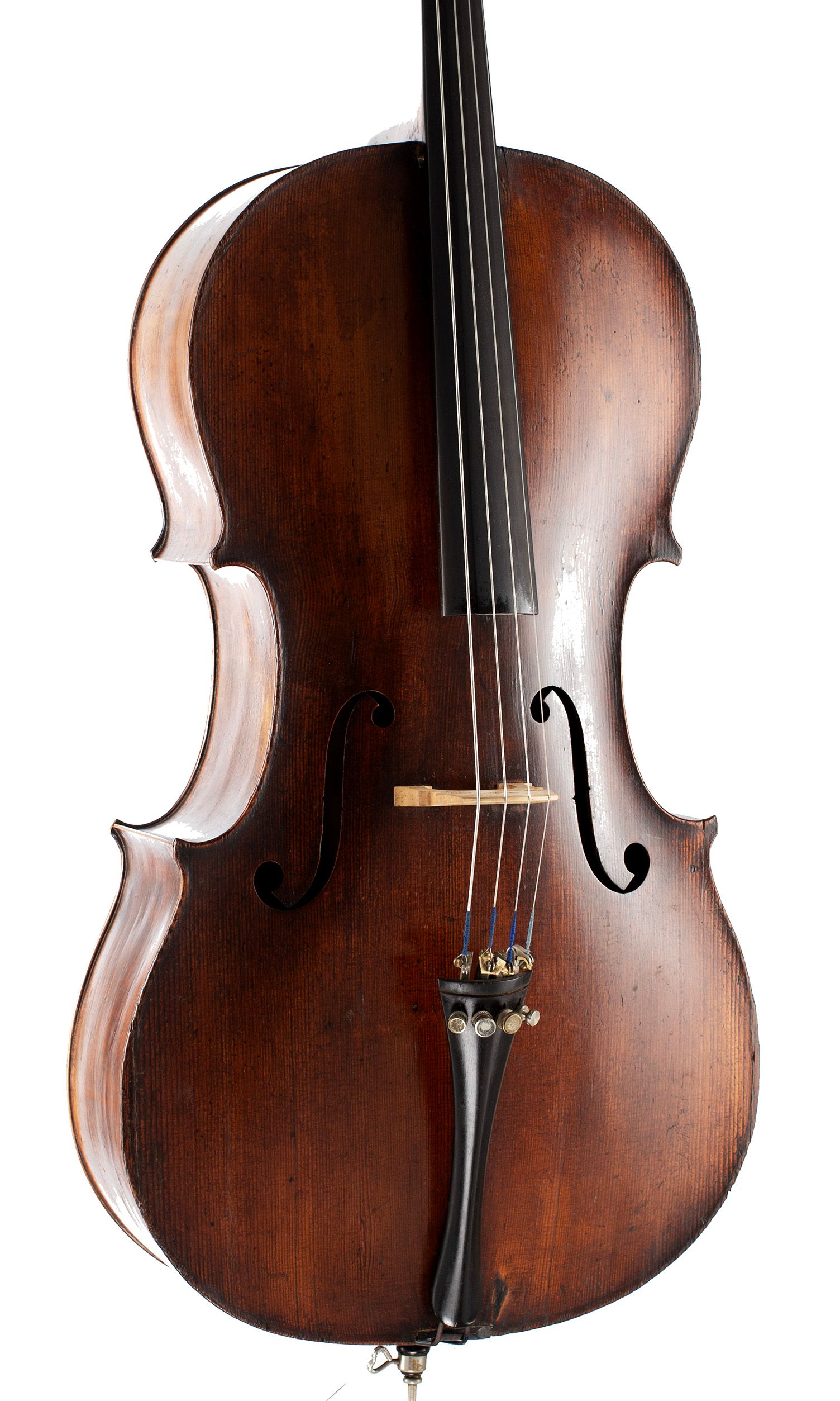 Cello, Workshop of Caussin, Vosges, circa 1890 — angled view, 20°