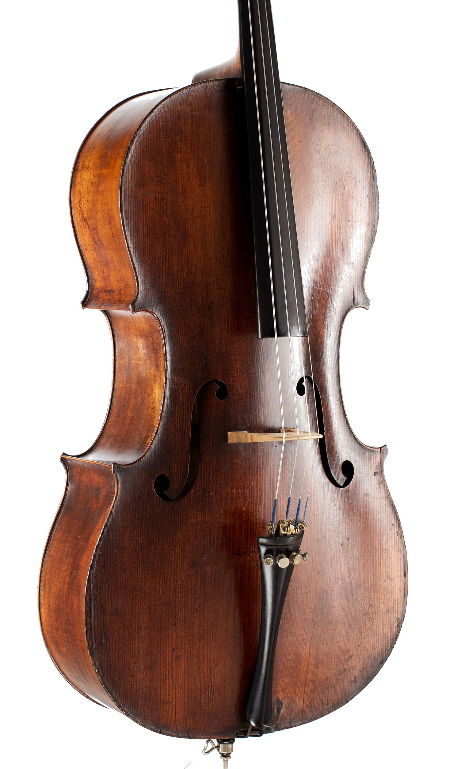 Cello, Workshop of Caussin, Vosges, circa 1890 — angled view, 30°