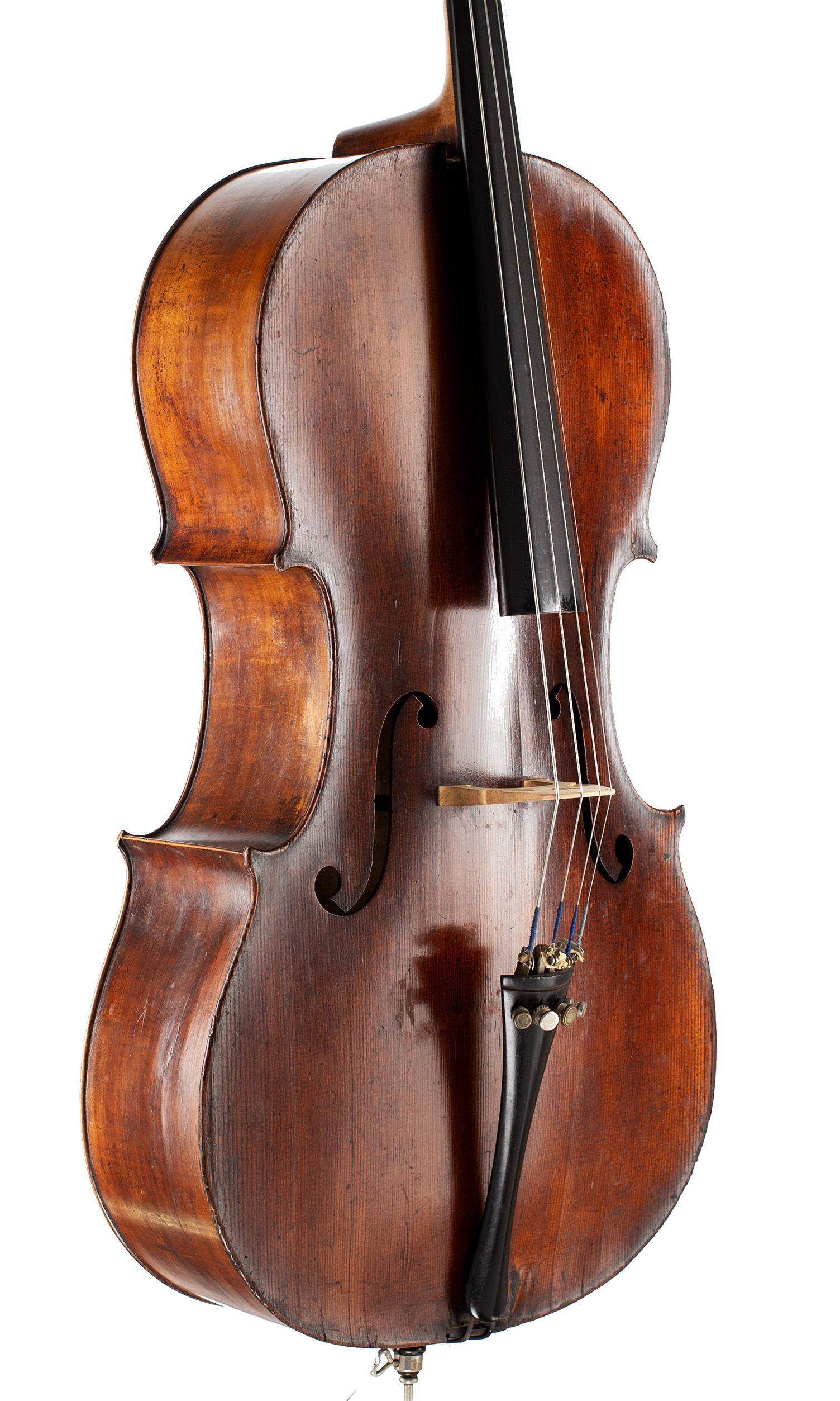 Cello, Workshop of Caussin, Vosges, circa 1890 — angled view, 40°