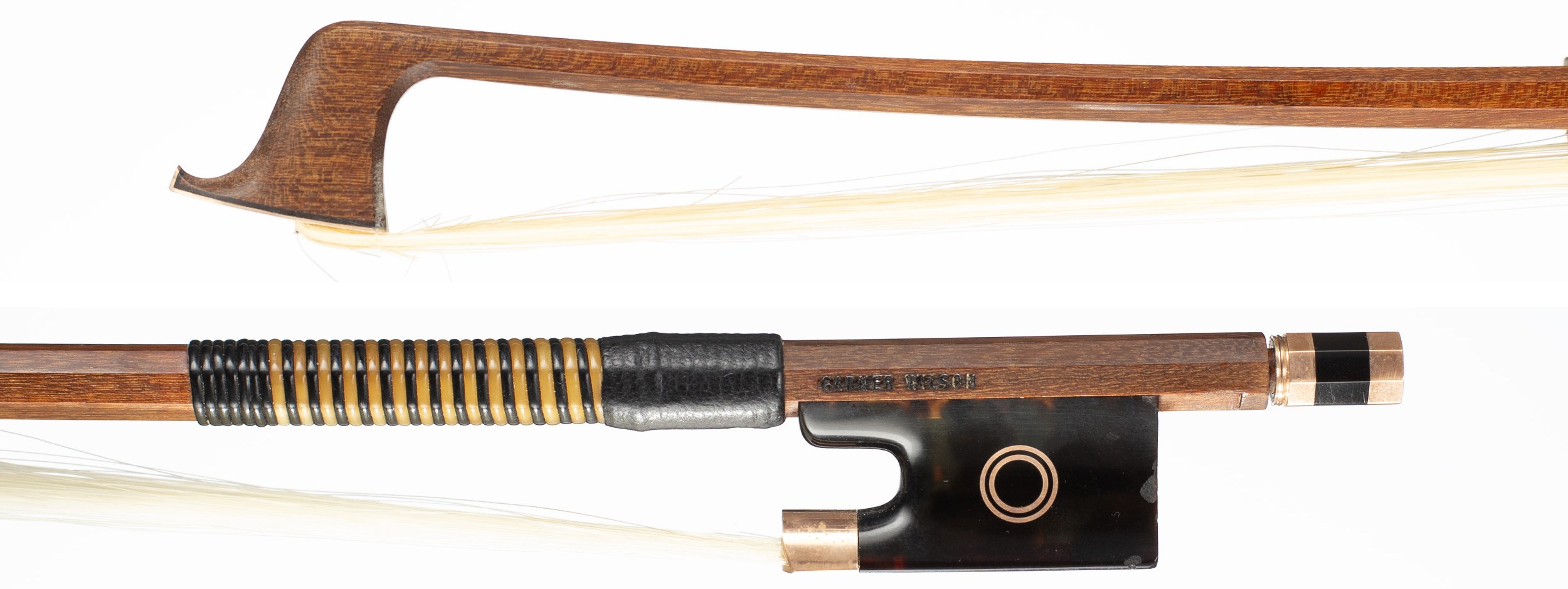 A gold and tortoiseshell-mounted viola bow by Garner Wilson, England — head and frog