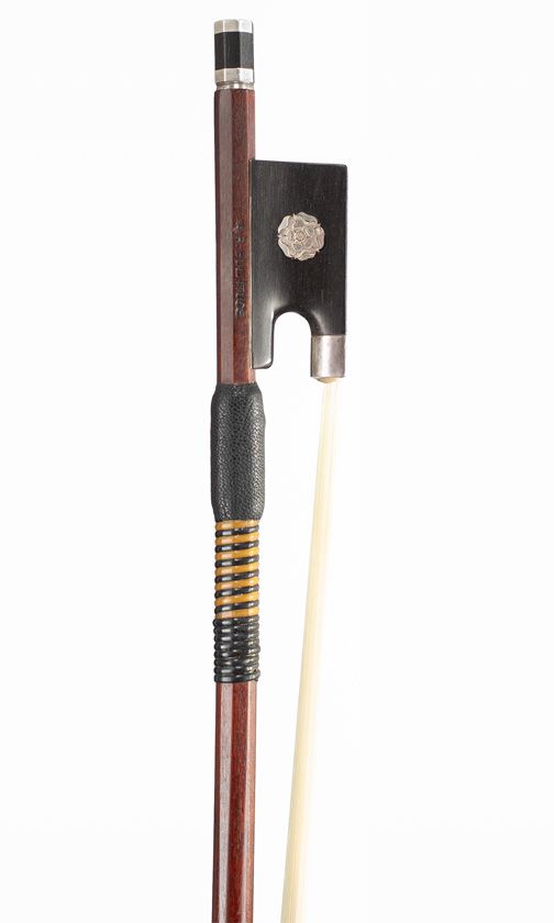 A silver-mounted violin bow by Arthur Bultitude, England — frog detail