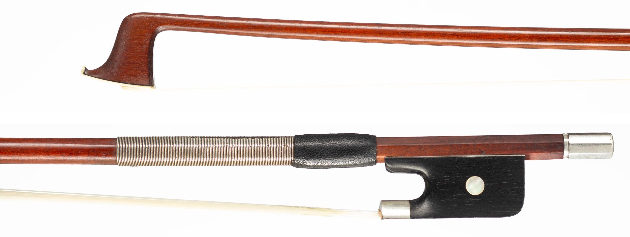A silver-mounted violin bow by Victor Thomassin, London, circa 1920 — head and frog