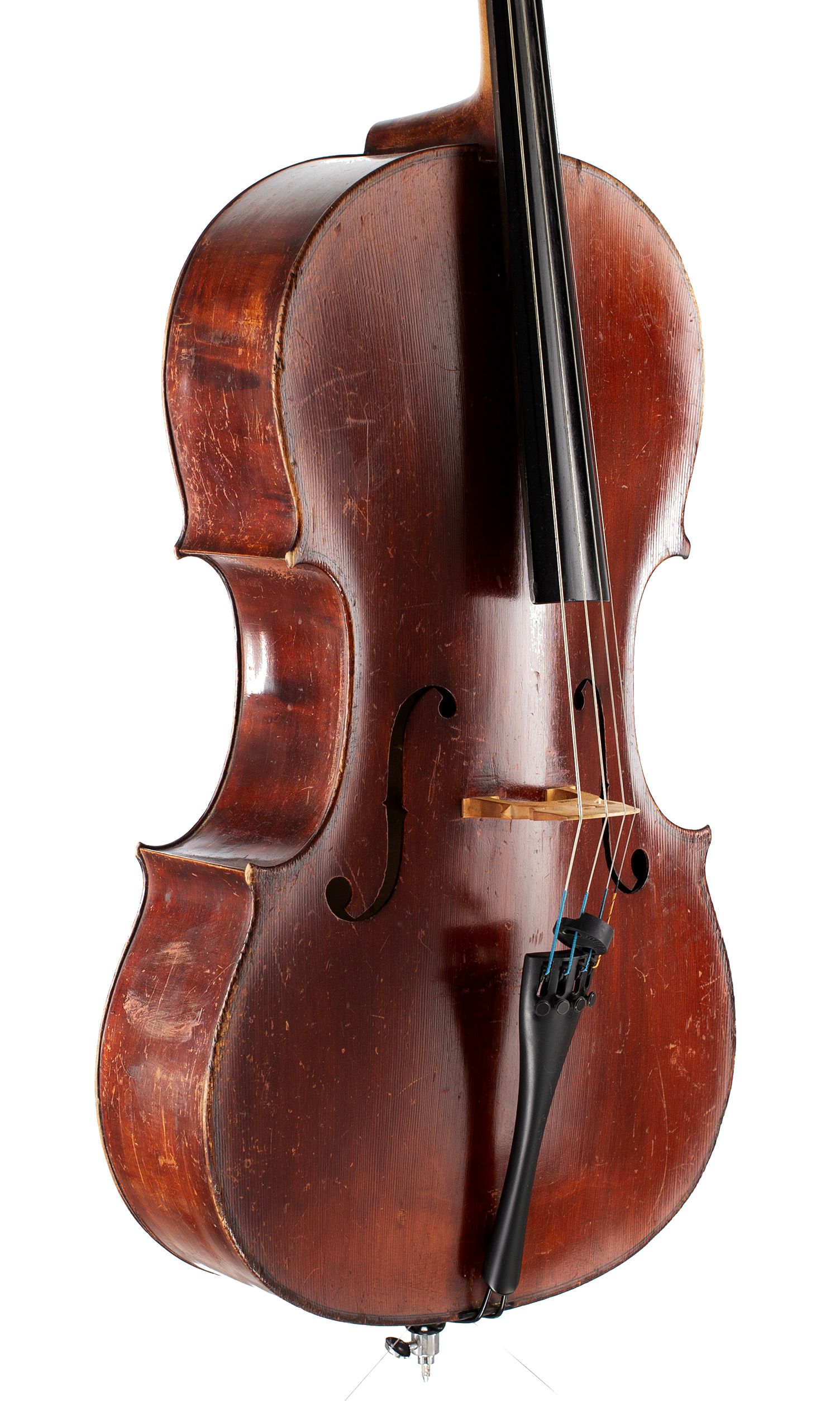 Cello by Mathias Neuner, Mittenwald, 19th Century — angled view, 40°
