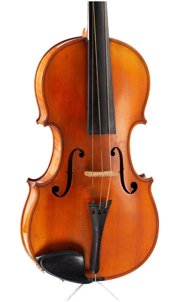 A violin by Breton Brevette, France, 20th Century — angled view, 20°