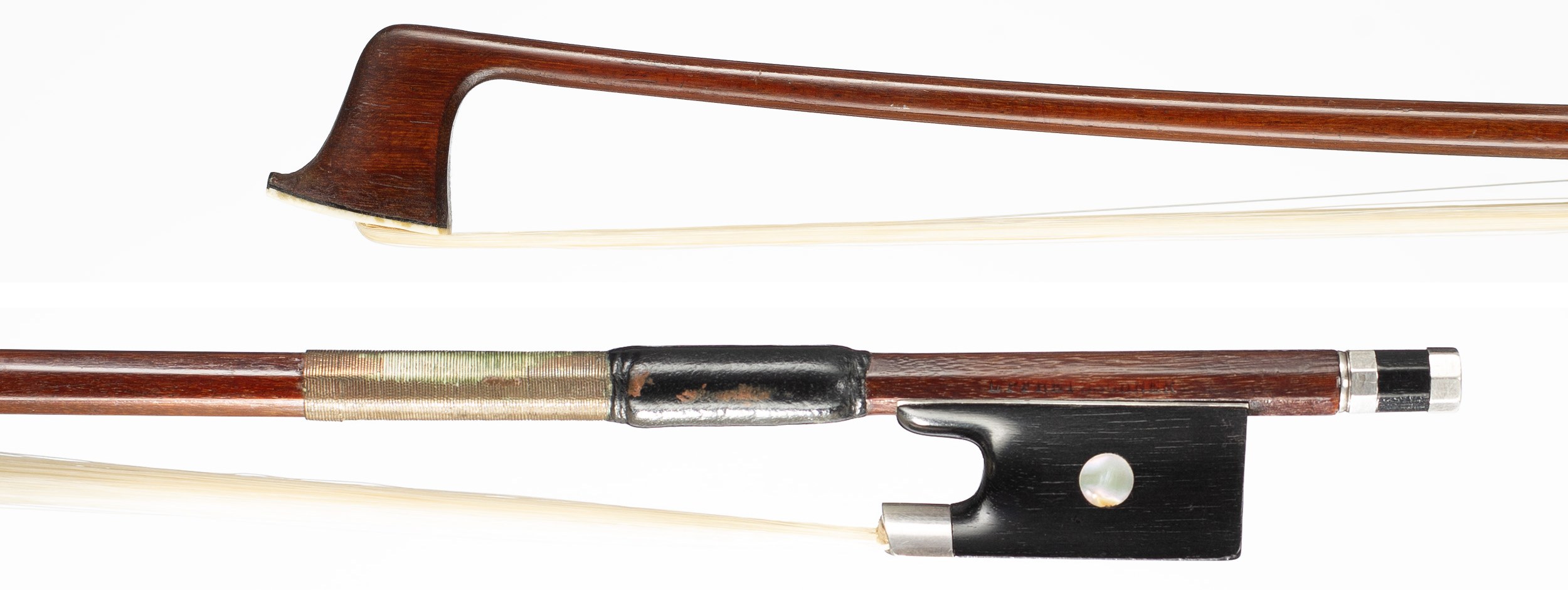 A silver-mounted violin bow by L. Pfretzscher, Germany — head and frog
