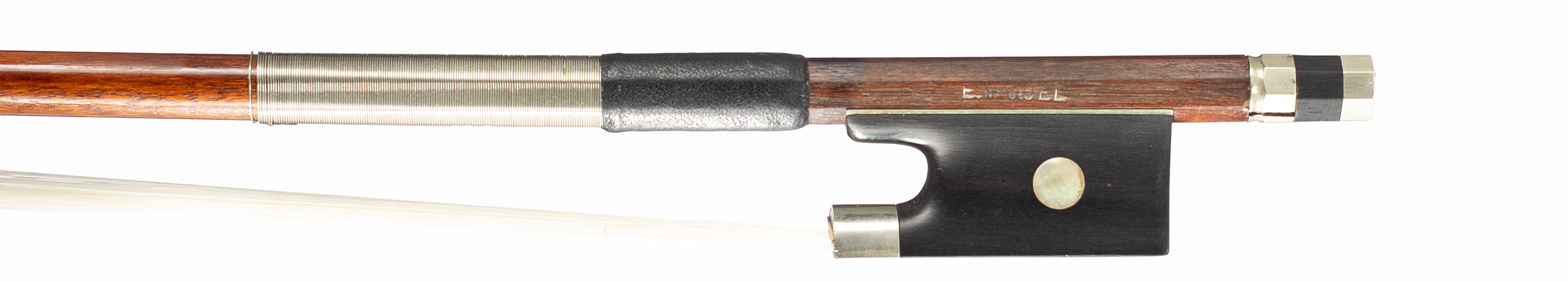 A nickel-mounted violin bow possible by Paul E. Miguel — frog