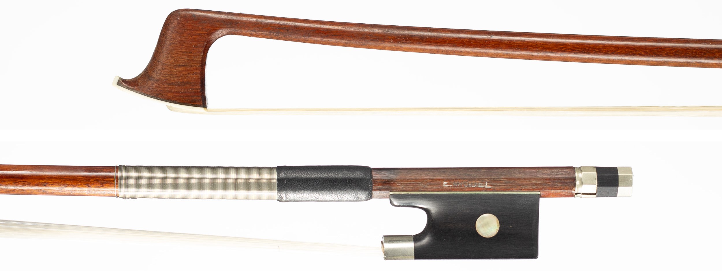 A nickel-mounted violin bow possible by Paul E. Miguel — head and frog