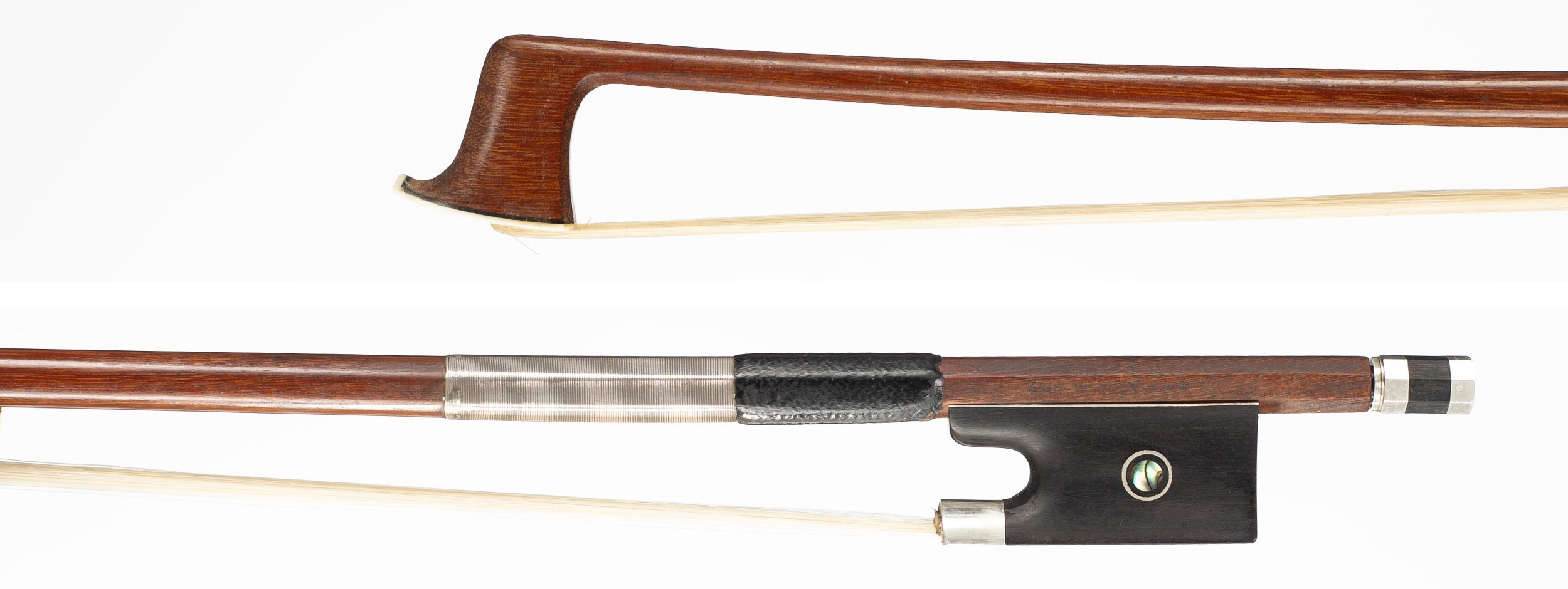 A silver-mounted violin bow by Emil Werner, Germany, circa 1920 — head and frog