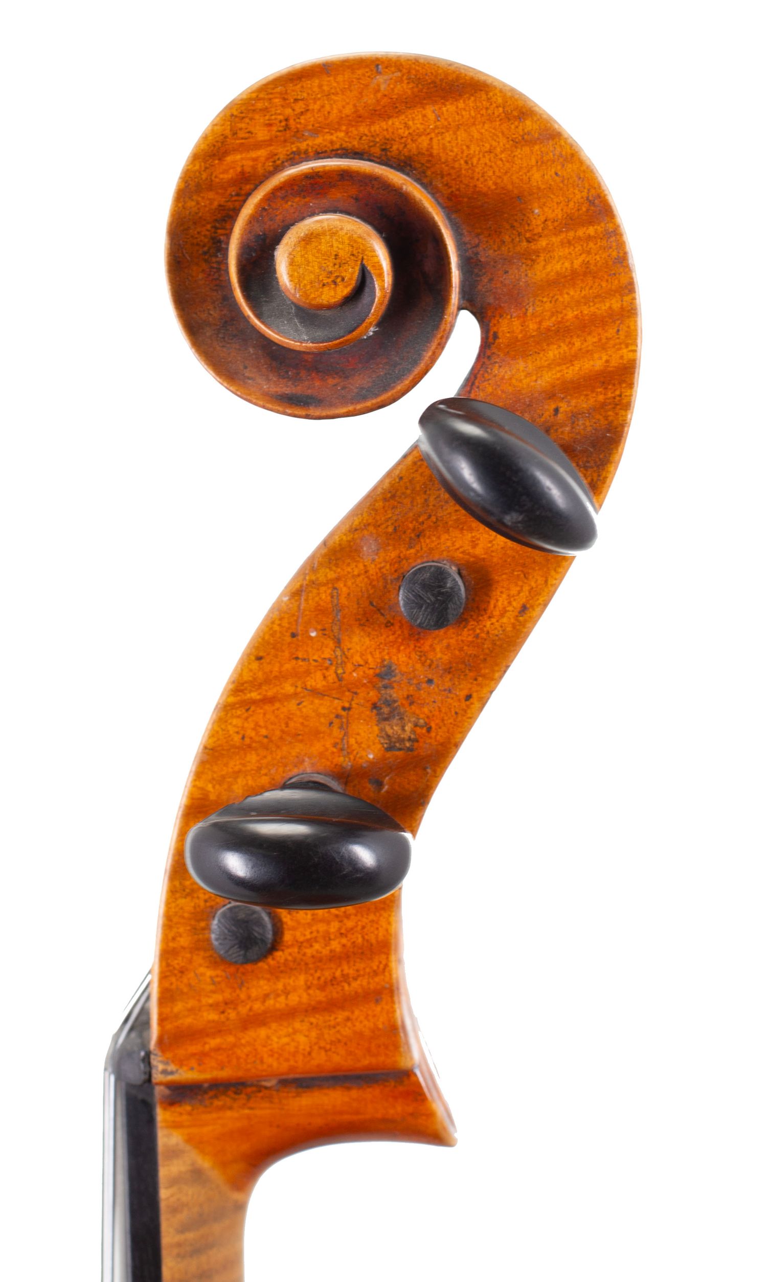 Cello, Workshop of Louis Lowendall, Dresden, 1879 — scroll