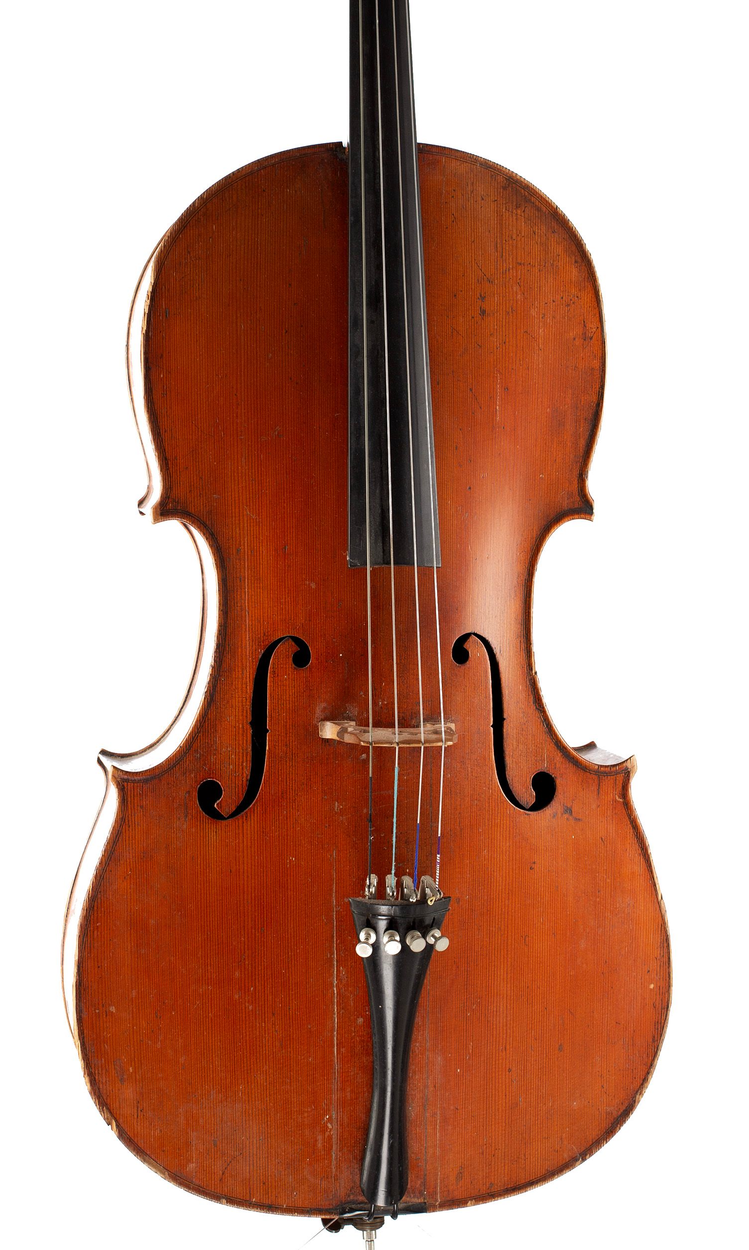 Cello, Workshop of Louis Lowendall, Dresden, 1879 — angled view, 10°