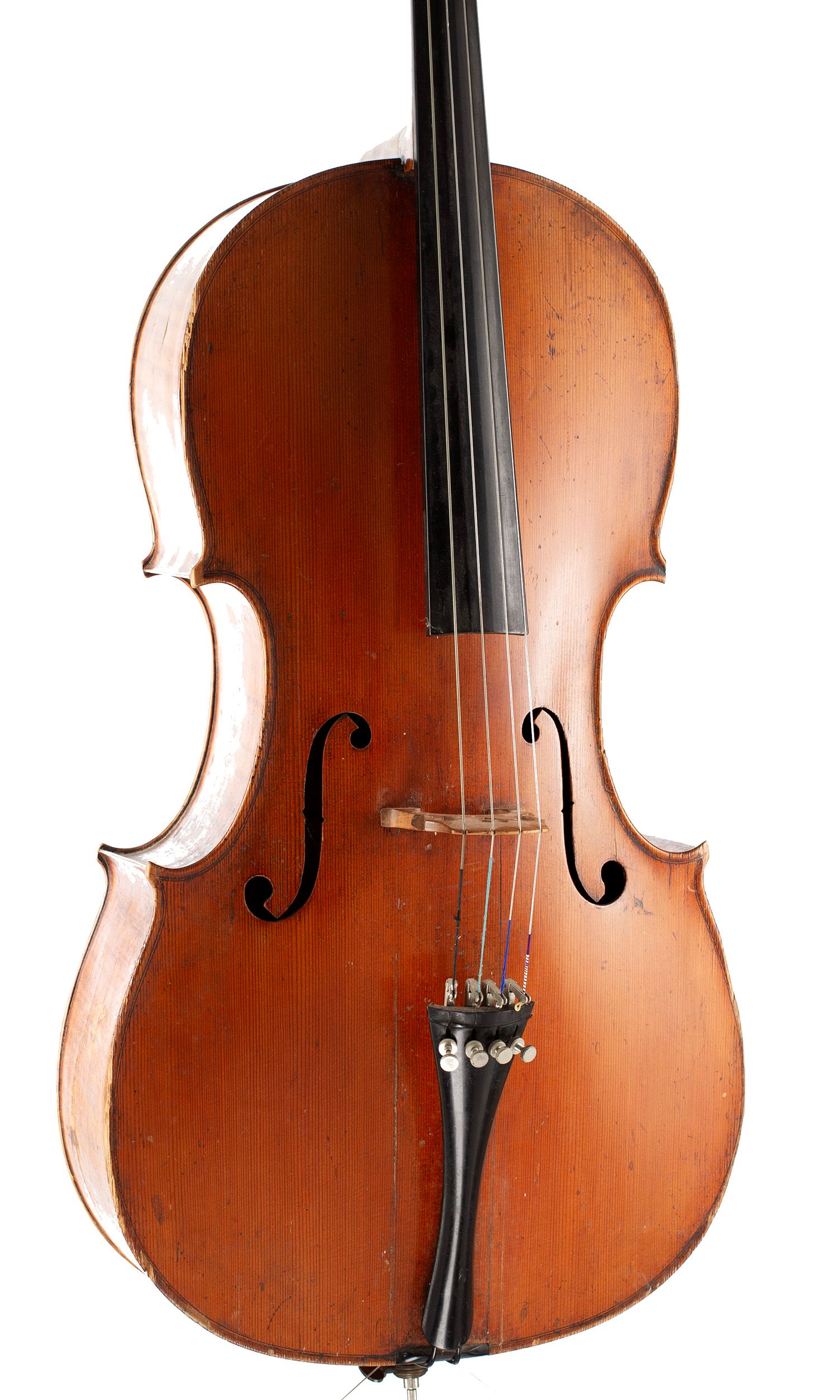 Cello, Workshop of Louis Lowendall, Dresden, 1879 — angled view, 20°