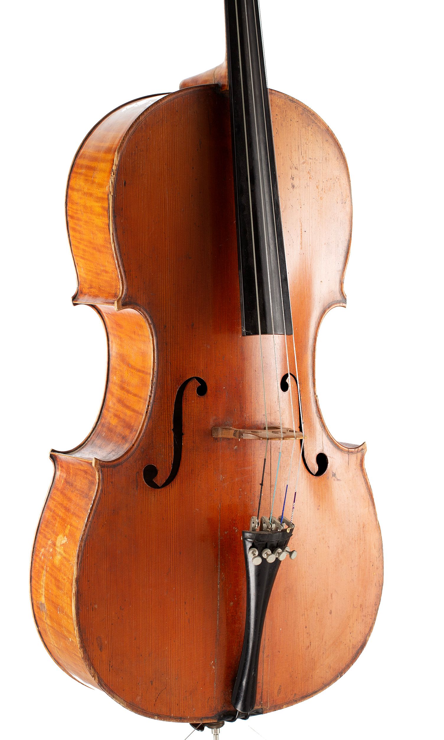 Cello, Workshop of Louis Lowendall, Dresden, 1879 — angled view, 30°