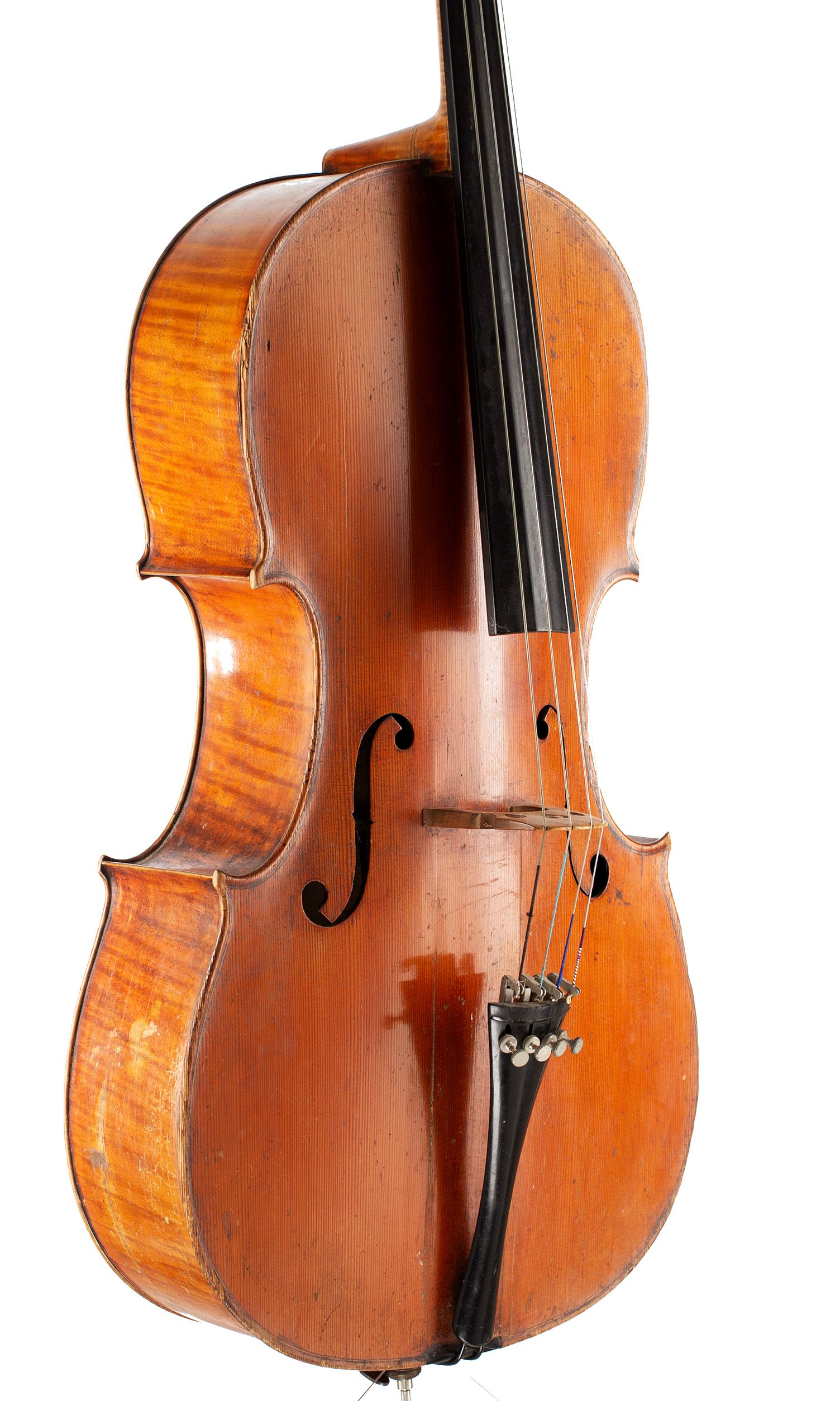 Cello, Workshop of Louis Lowendall, Dresden, 1879 — angled view, 40°