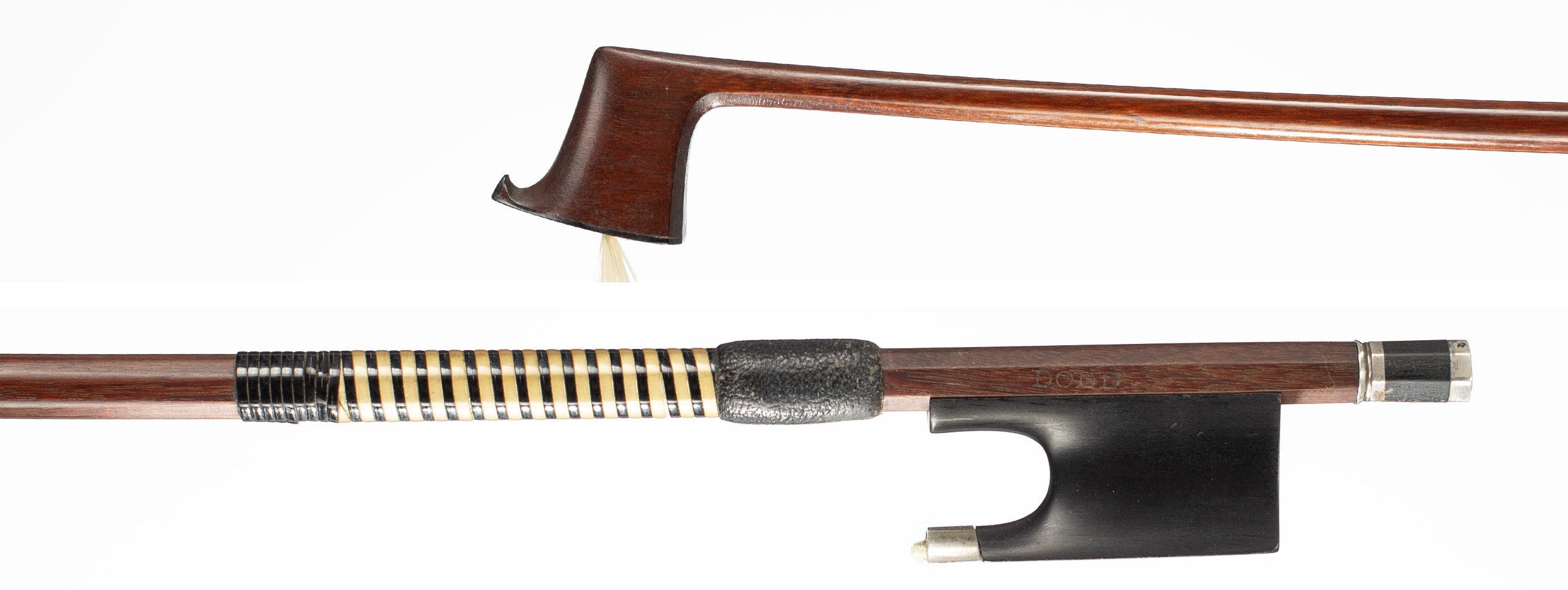 A silver-mounted violin bow by John Dodd, circa 1855 — head and frog
