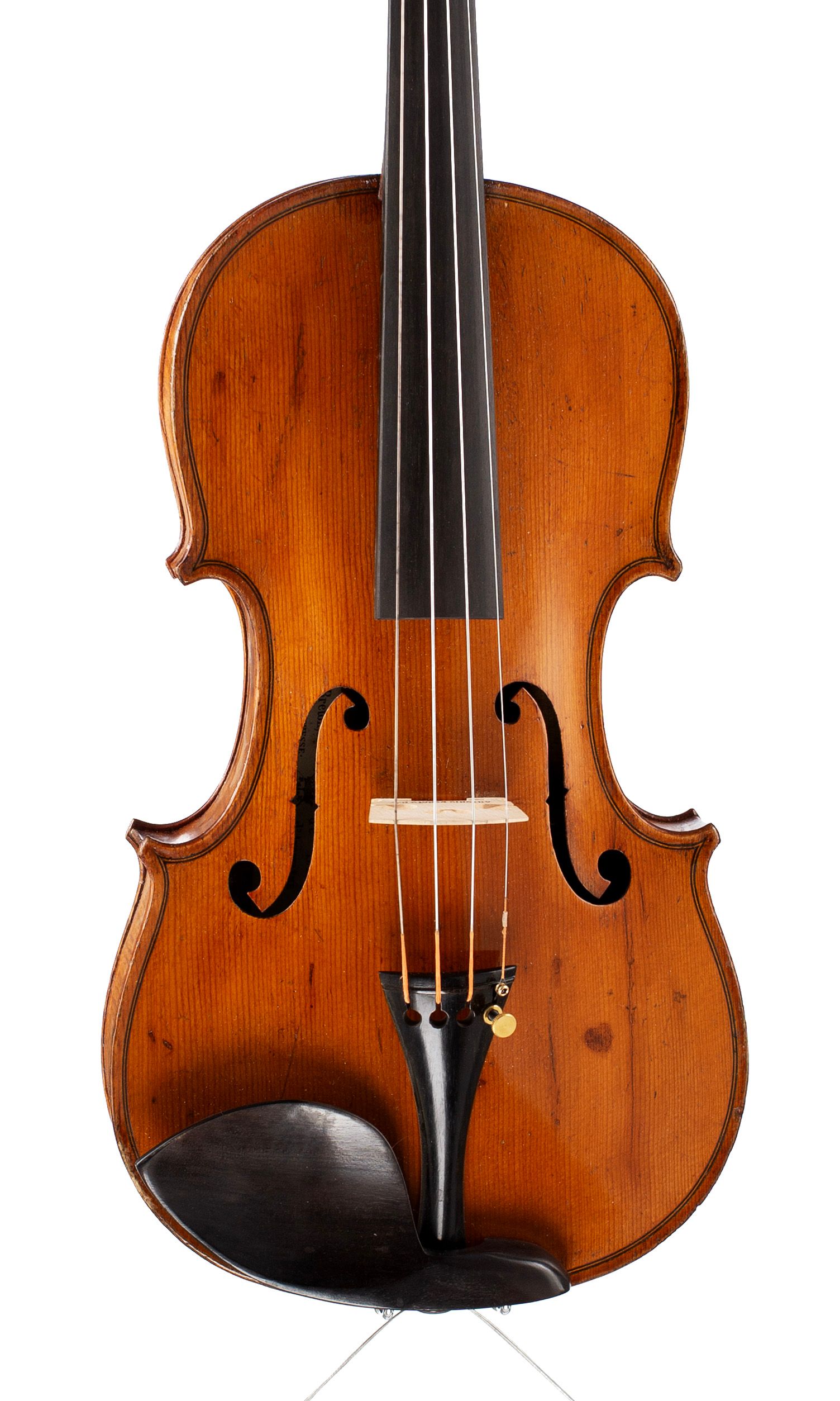 Violin, Workshop of Breton Brevete, Mirecourt — angled view, 10°