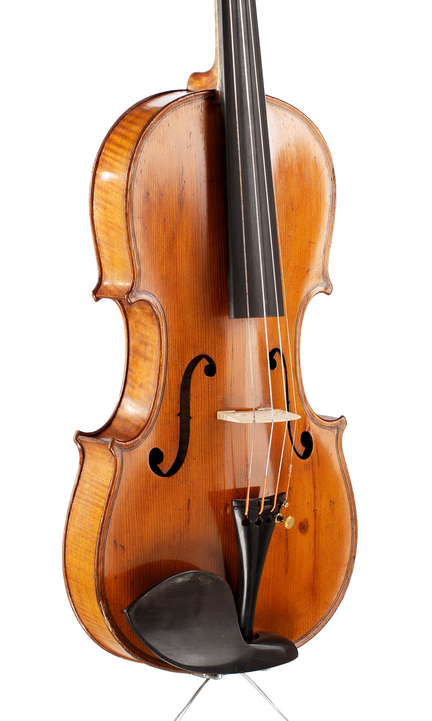 Violin, Workshop of Breton Brevete, Mirecourt — angled view, 40°