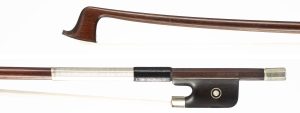 A nickel-mounted violin bow by Louis Bazin, Mirecourt, 1925 — head and frog