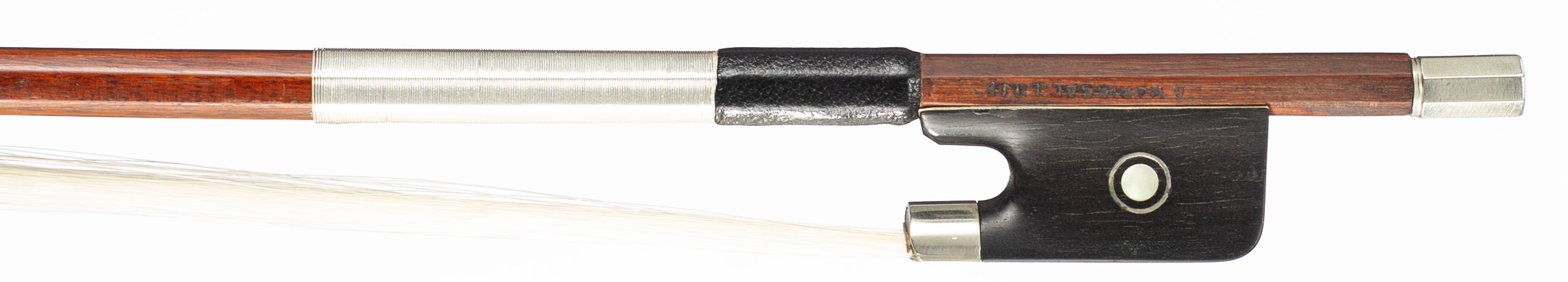 A nickel-mounted violin bow by Louis Morizot freres, Mirecourt, 1955 — frog
