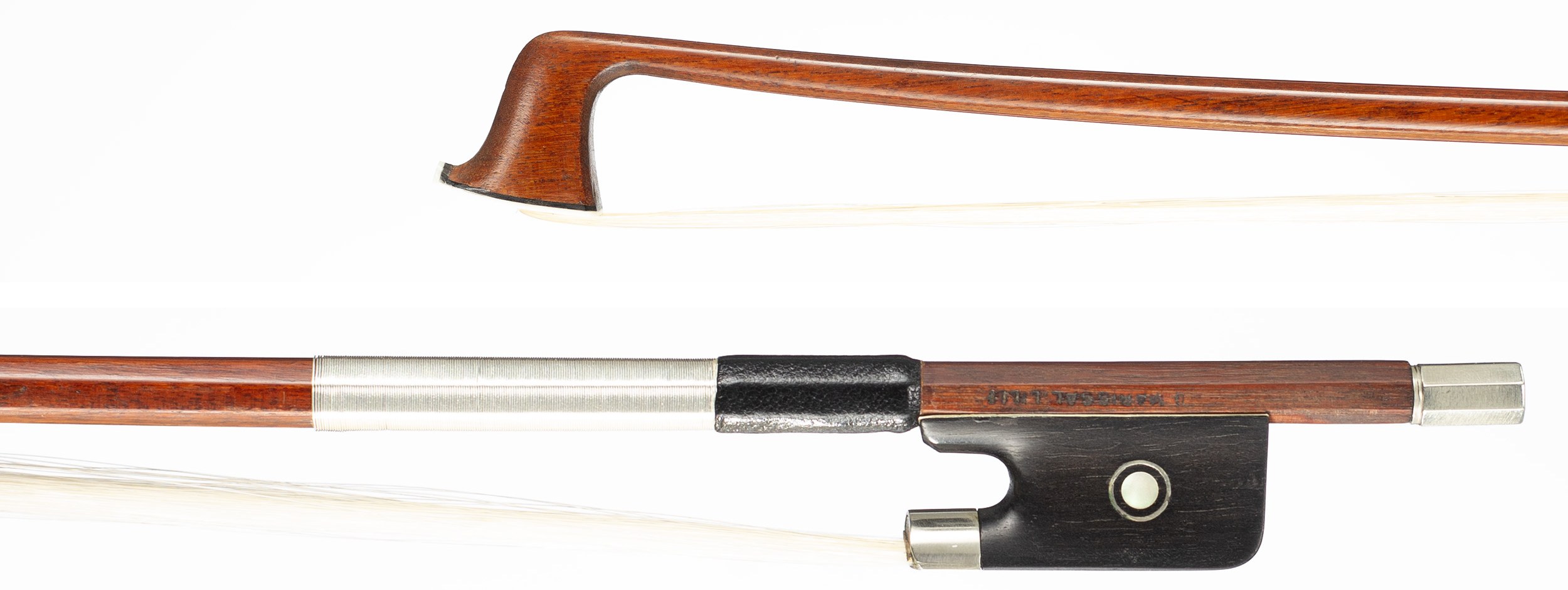 A nickel-mounted violin bow by Louis Morizot freres, Mirecourt, 1955 — head and frog