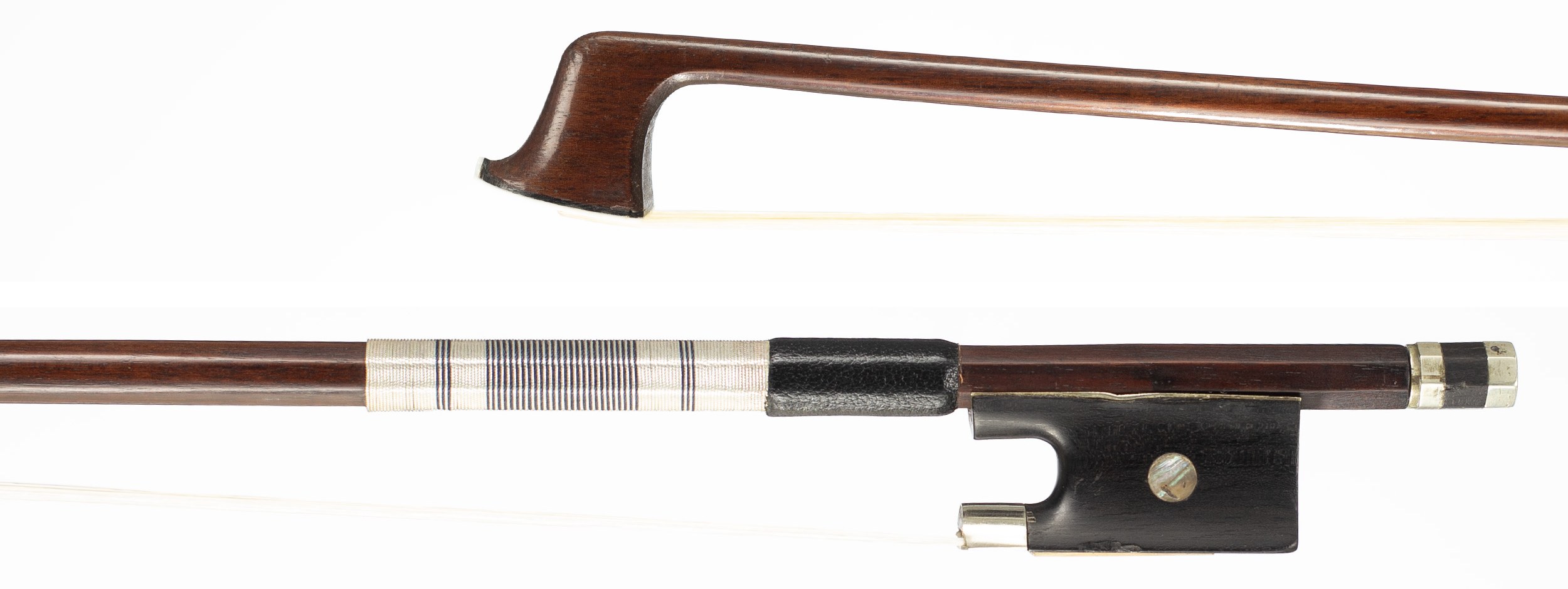 A nickel-mounted violin bow by Nicolas Maline, Mirecourt, 19th Century — head and frog