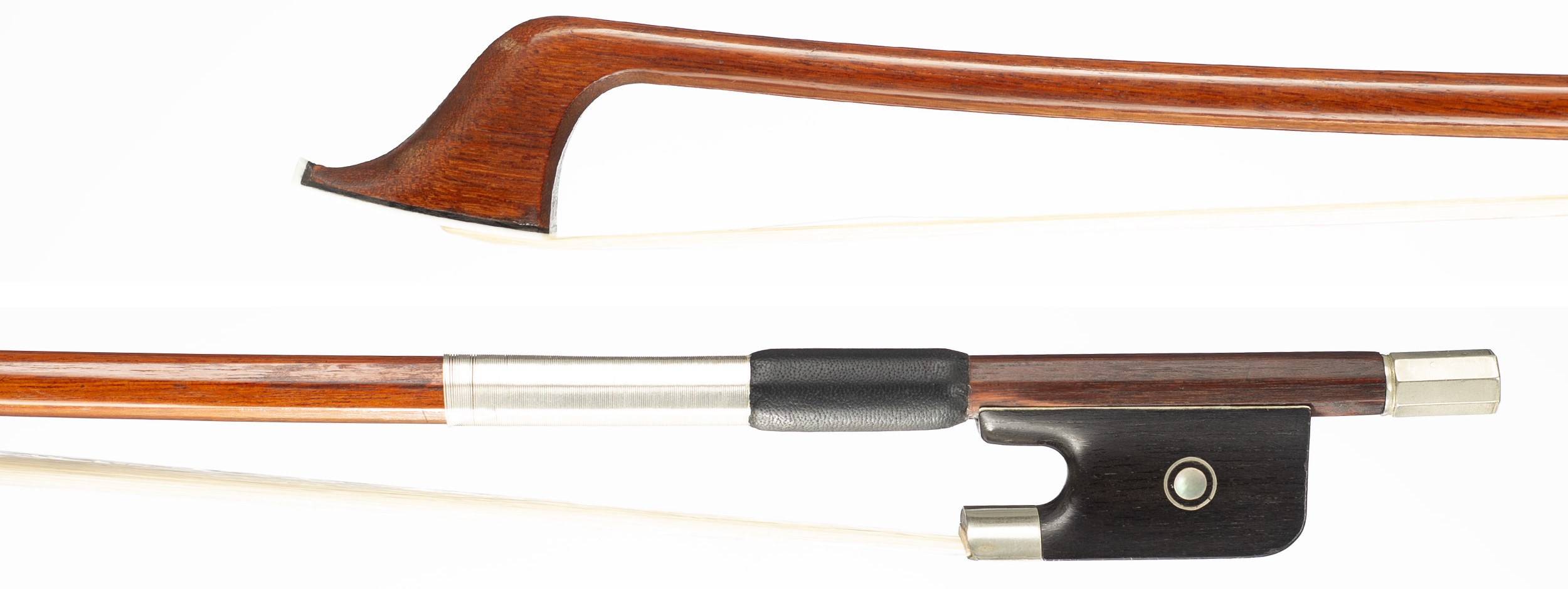 A nickel-mounted cello bow by Emile François Ouchard Père, Mirecourt, 1920 — head and frog