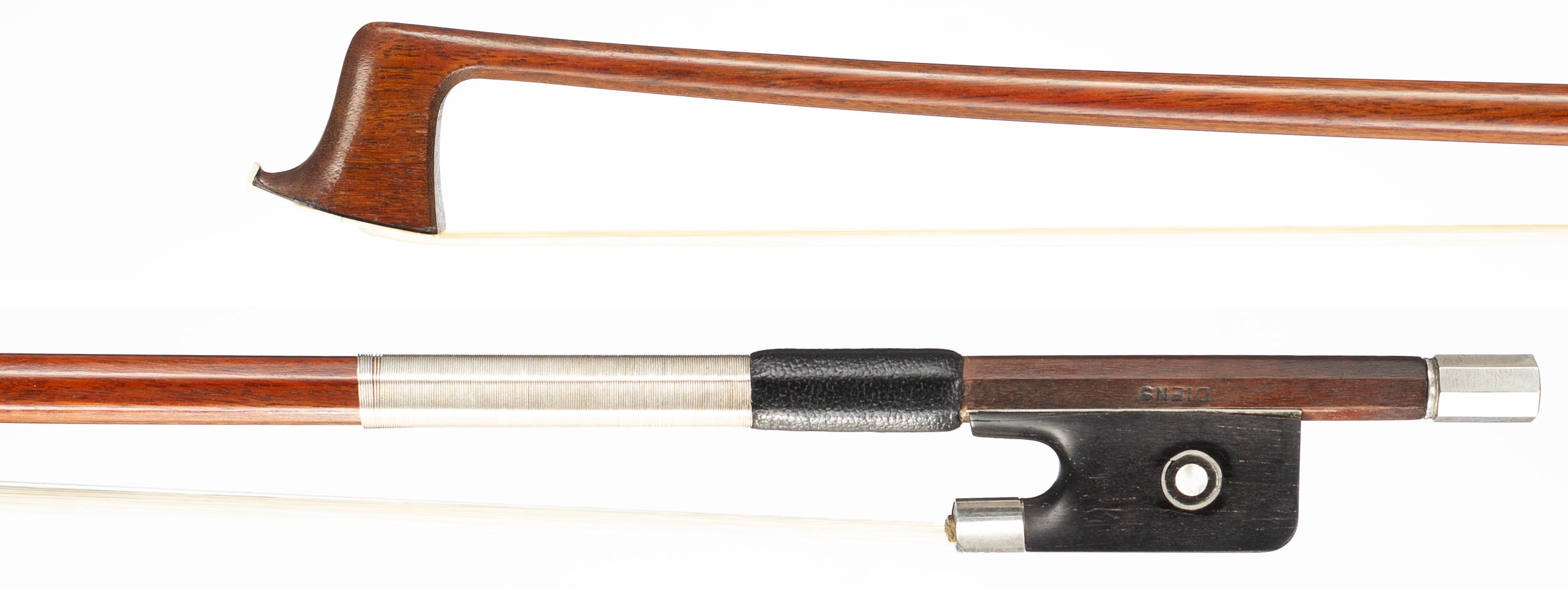 A silver-mounted violin bow by Morizot Freres, Mirecourt, 1950 — head and frog