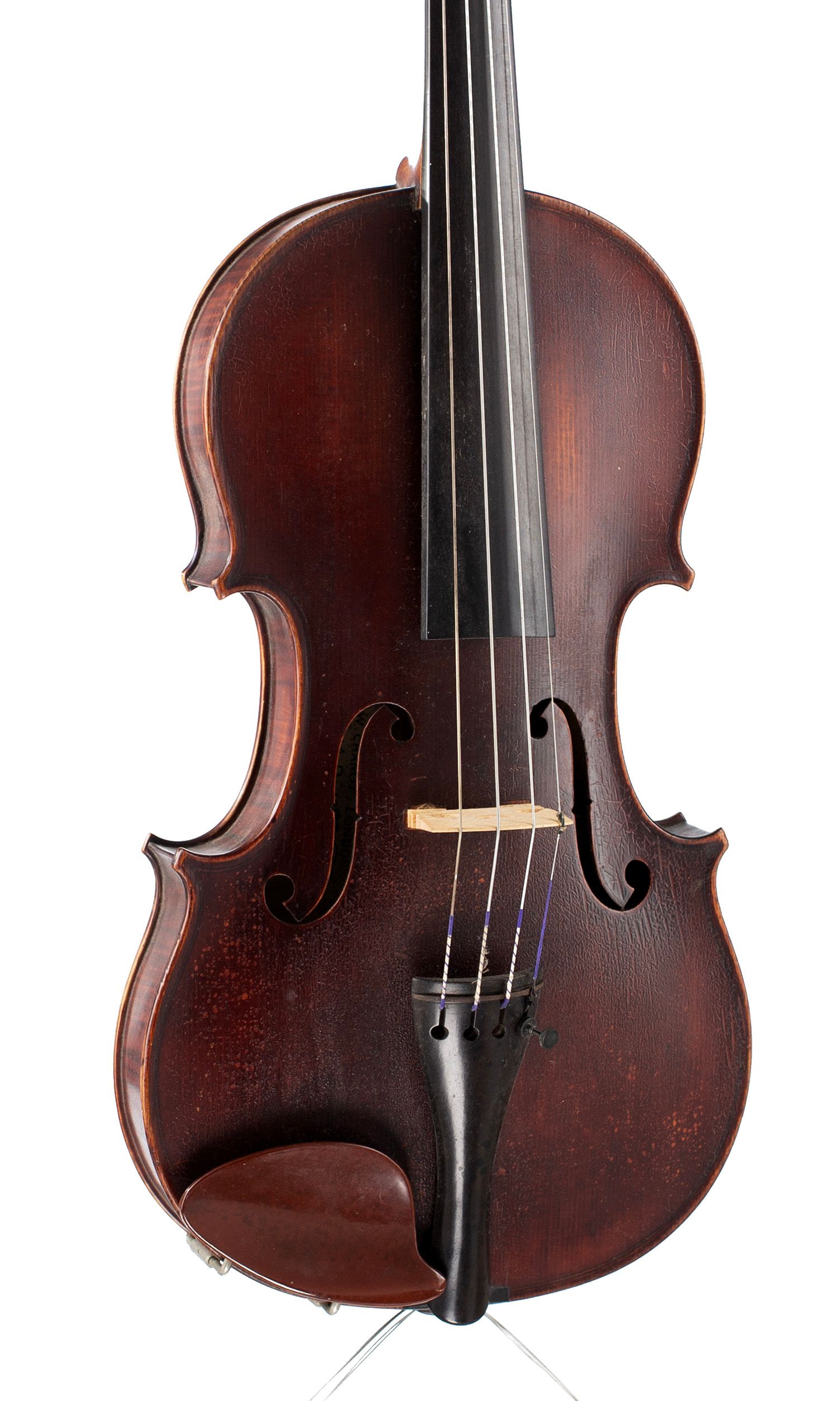 Violin by Frederick William Chanot, London, 1895 — angled view, 20°