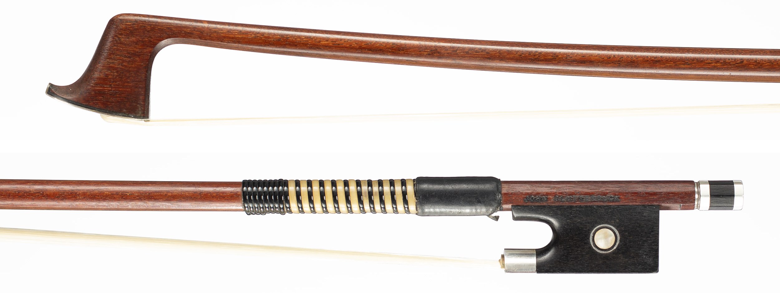 A silver-mounted violin bow by John Clutterbuck, London, 1982 — head and frog