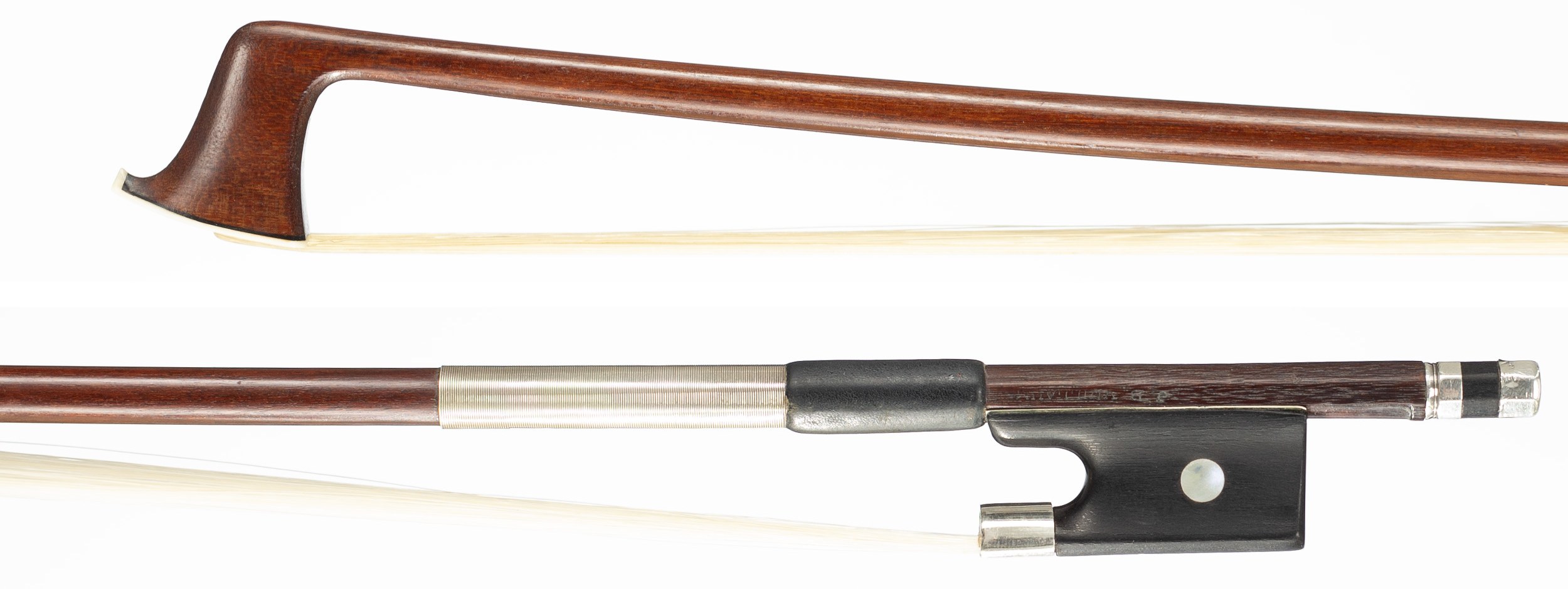 A silver-mounted violin bow by Charles Peccatte, Paris, circa 1865 — head and frog