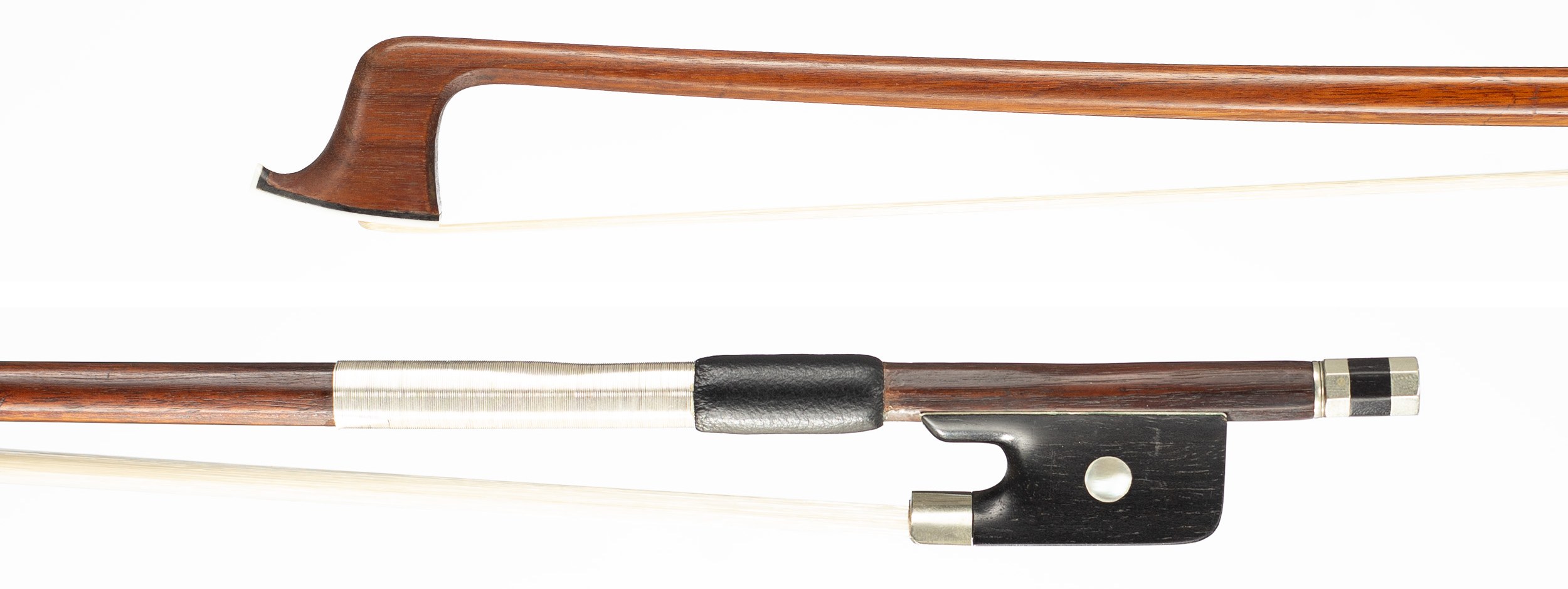 A nickel-mounted violin bow by Marie Louis Piernot, Paris, circa 1920 — head and frog