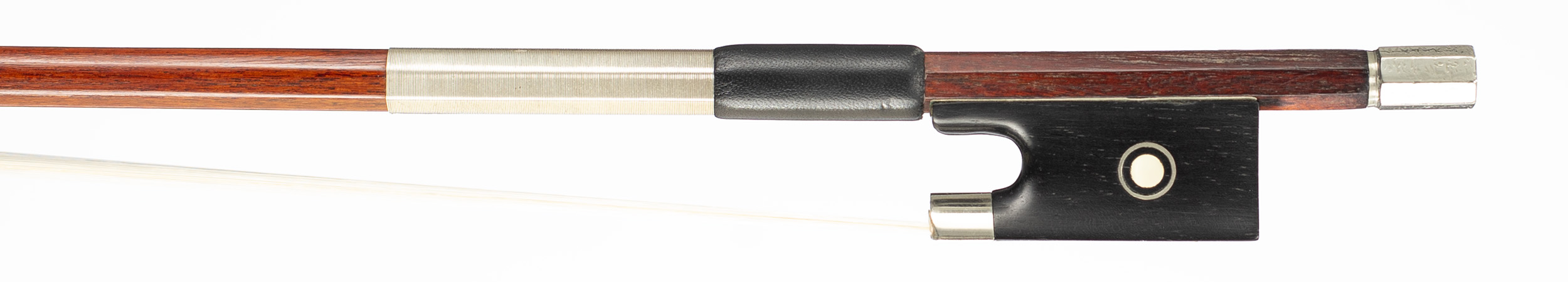 A nickel-mounted violin bow by Roger François Lotte, Mirecourt, circa 1960 — frog