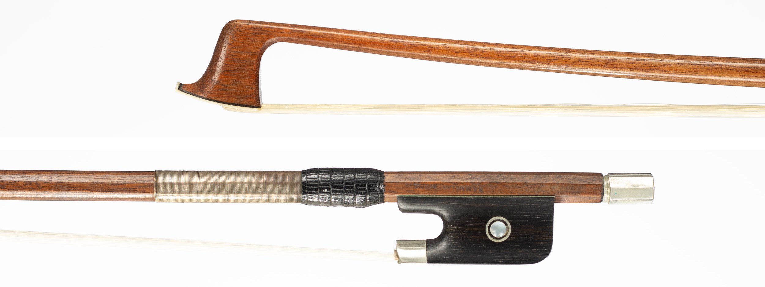 A nickel-mounted violin bow by Roger François Lotte, France, circa 1960 — head and frog