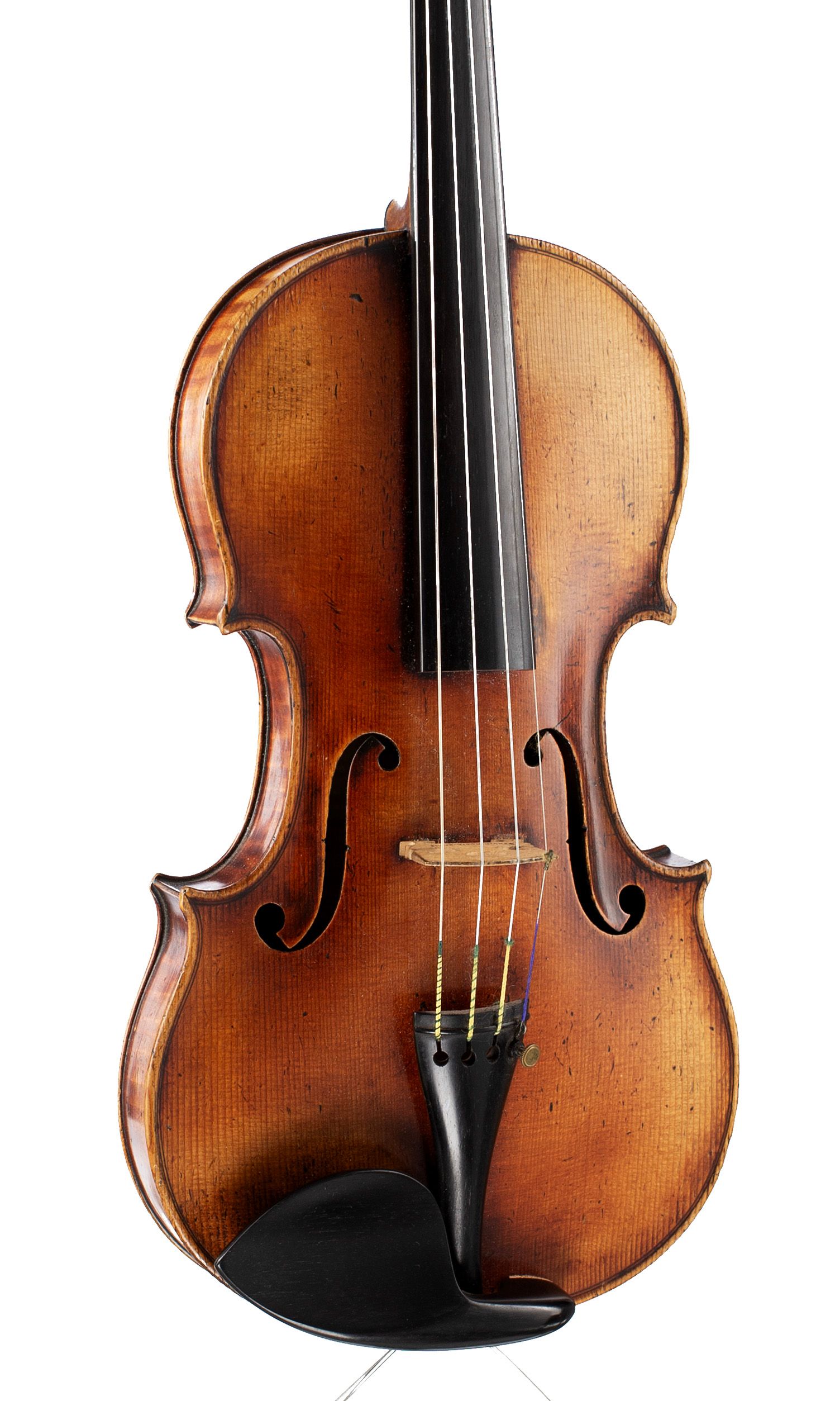 Violin by Georges Mougenot, Brussels, 1875 — angled view, 20°