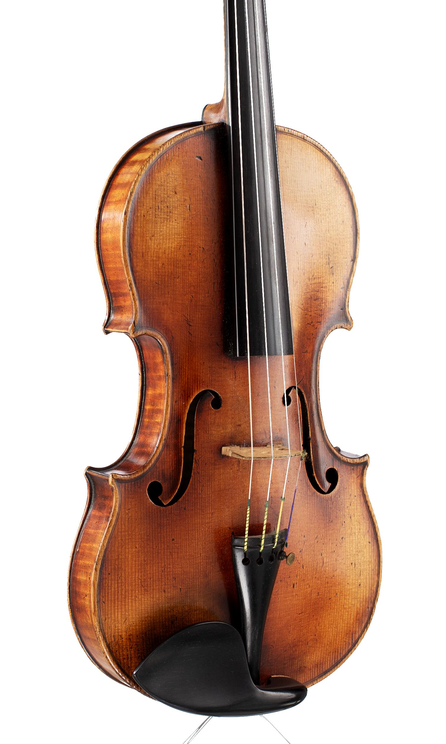 Violin by Georges Mougenot, Brussels, 1875 — angled view, 30°
