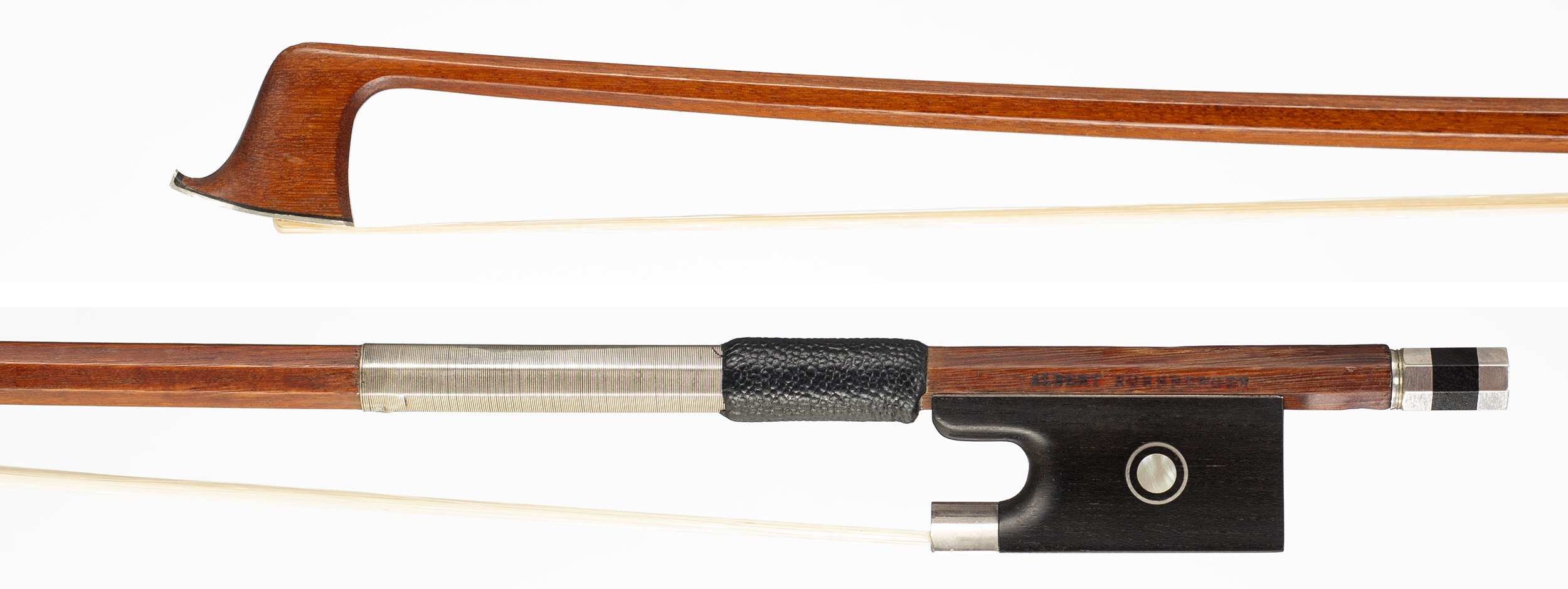 A silver-mounted violin bow by Albert Nürnberger, Markneukirchen, circa 1930 — head and frog