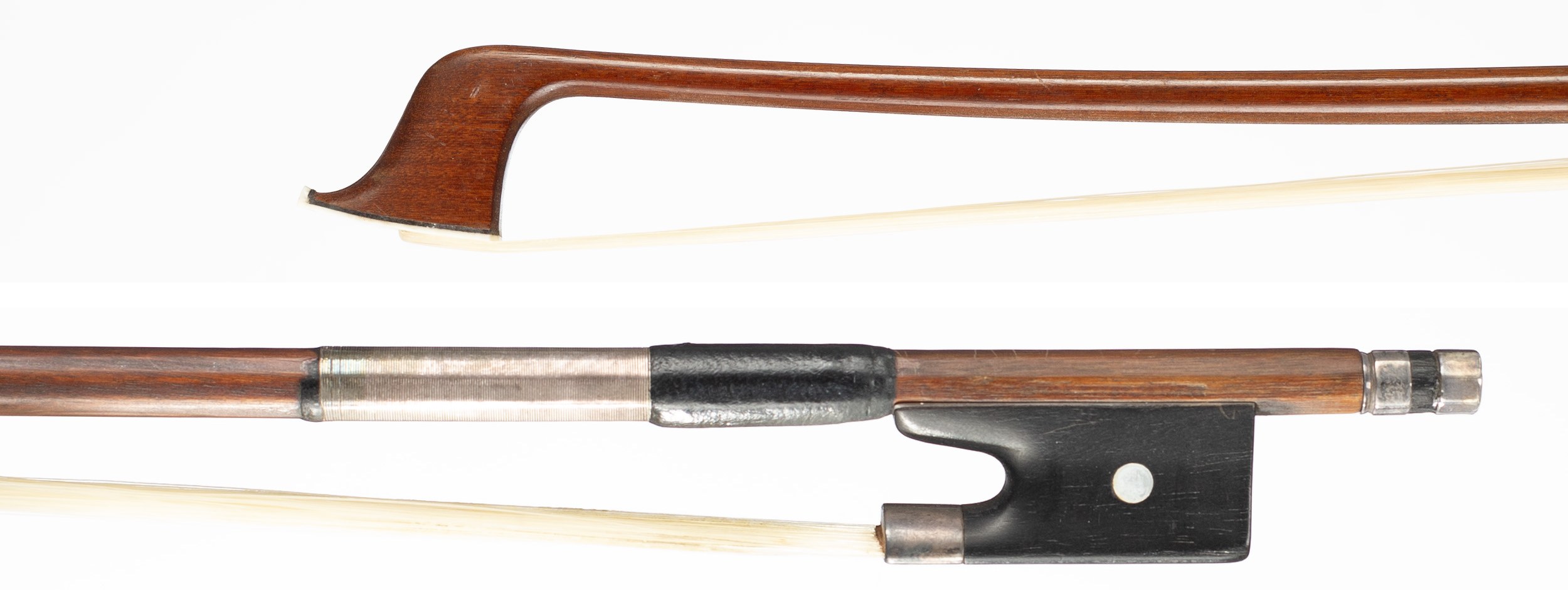 A silver-mounted violin bow by Otto Hoyer, Markneukirchen, circa 1940 — head and frog
