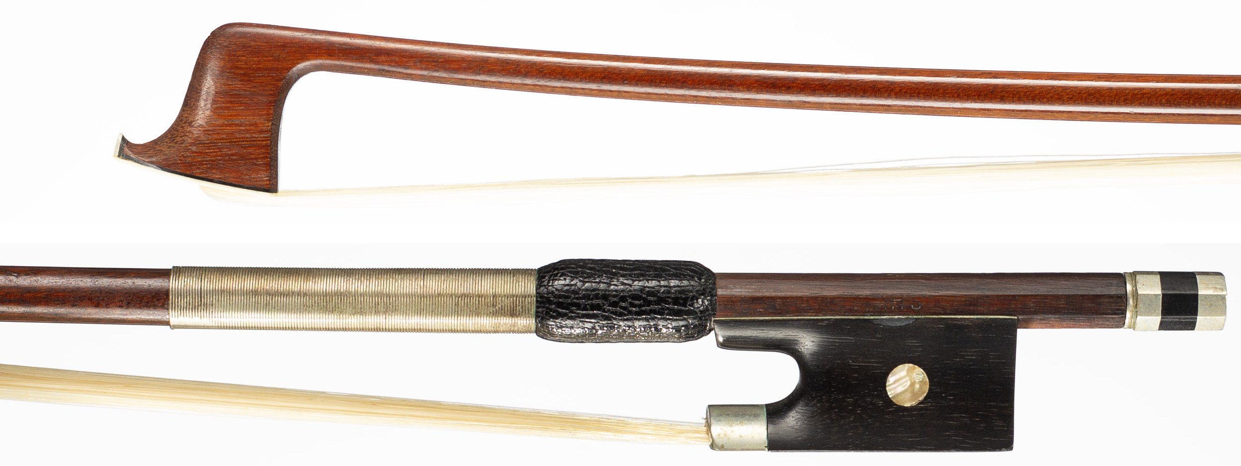 A nickel-mounted violin bow by Louis Bazin, Paris, circa 1940 — head and frog