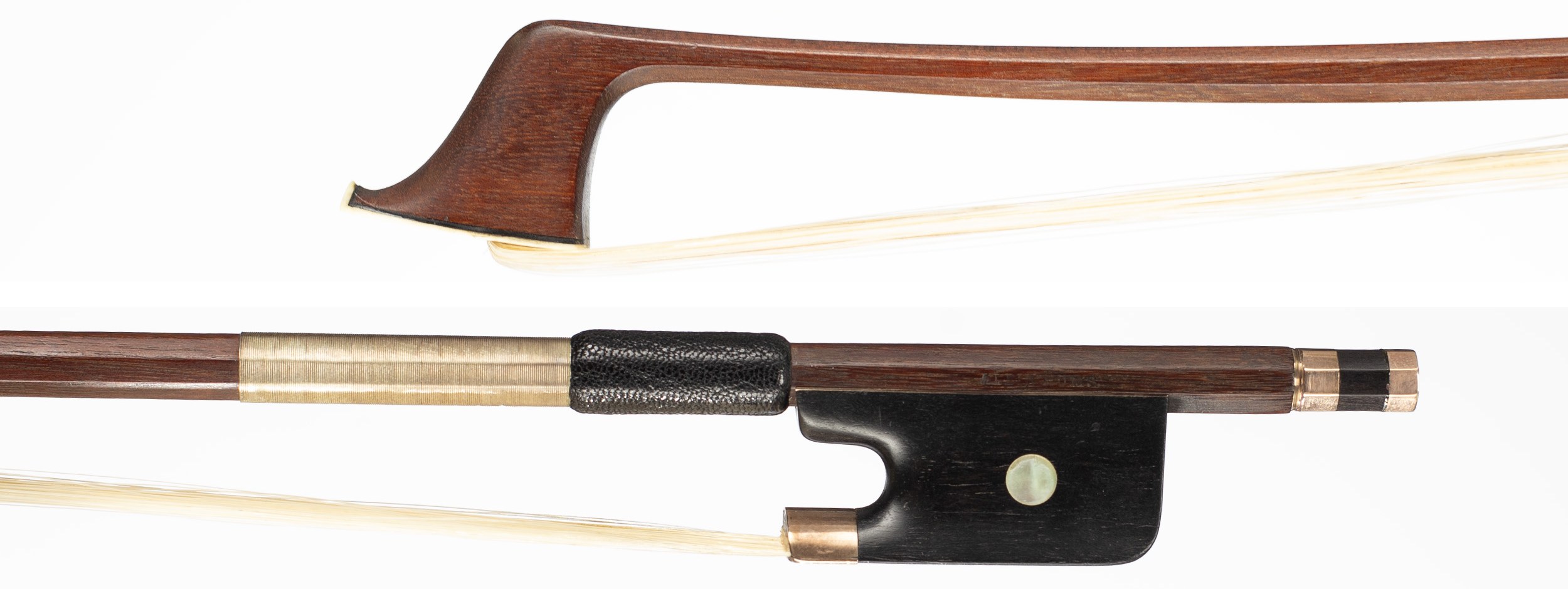 A gold-mounted cello bow by Albin Hums, Germany, circa 1935 — head and frog