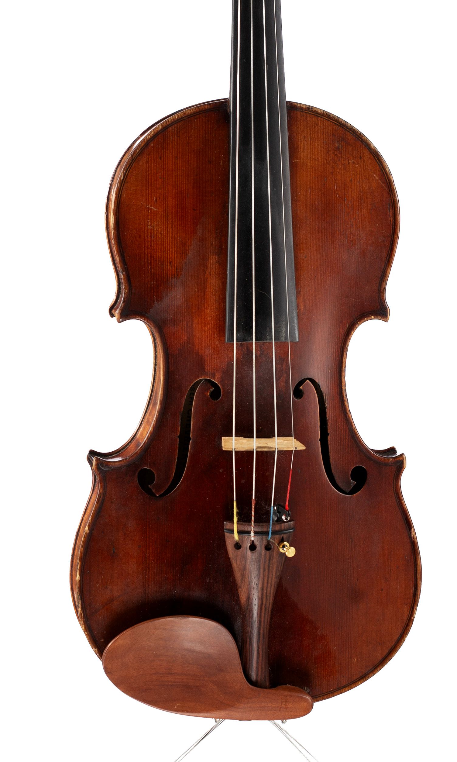Violin by Joseph Chevrier, Mirecourt, circa 1890 — angled view, 10°
