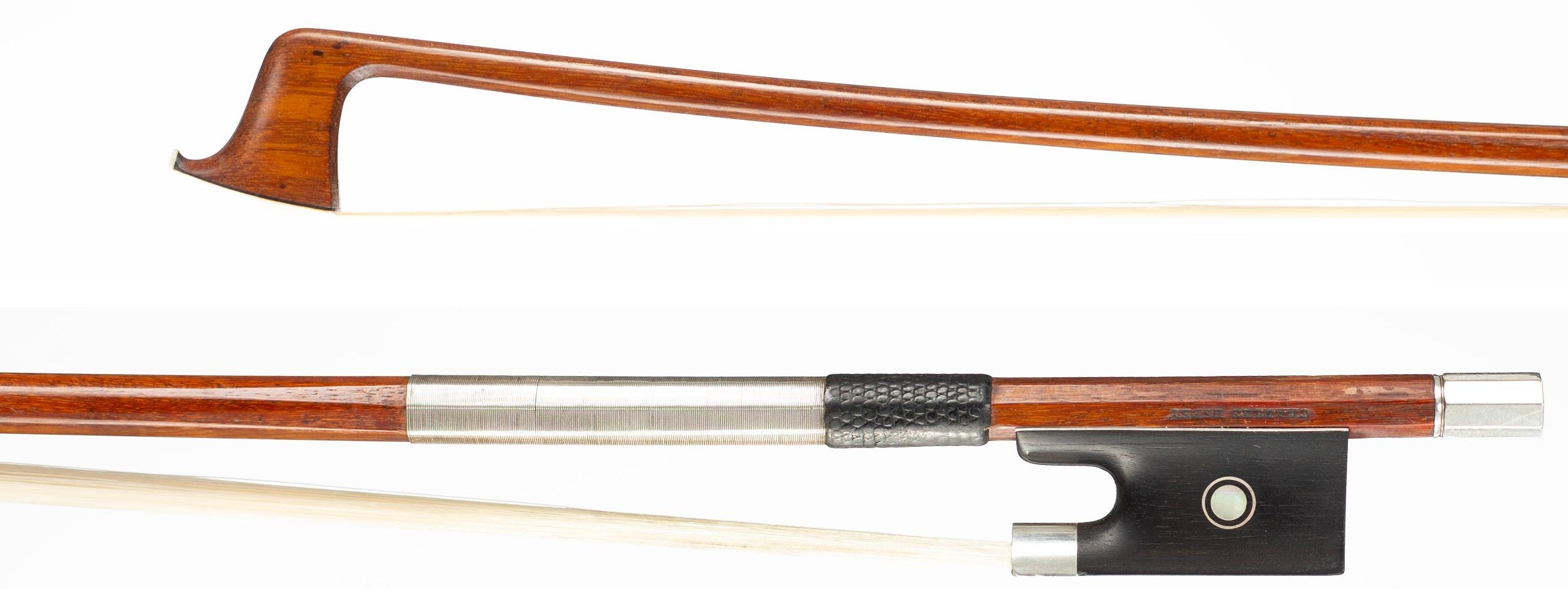 A silver-mounted violin bow by Charles Espey, Port Townsend, circa 1990 — head and frog