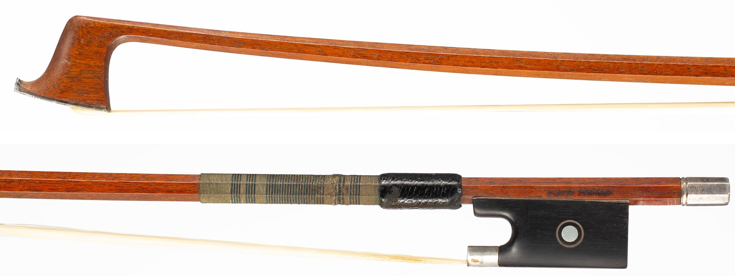 A silver-mounted violin bow by Pierre Vidoudez, Geneva, circa 1960 — head and frog