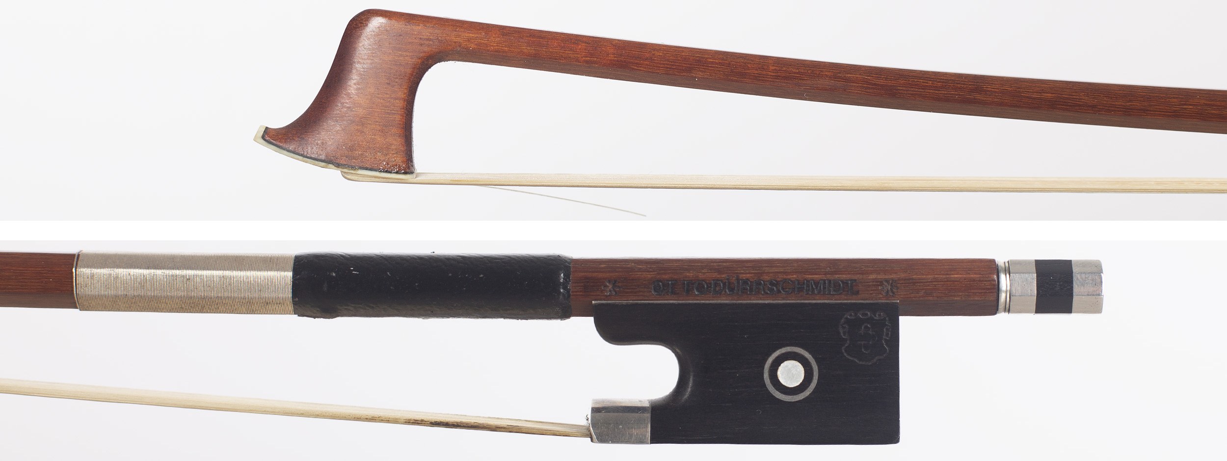 A silver-mounted violin bow by Otto Dürrschmidt, Germany — head and frog