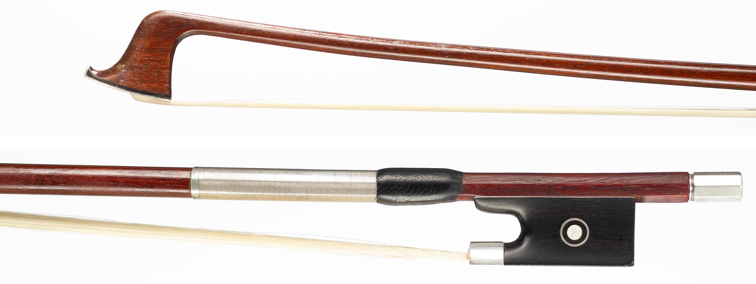 A silver-mounted violin bow by Max Millant, Paris, circa 1970 — head and frog