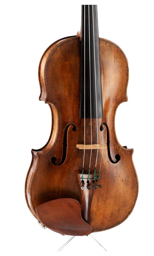 A violin by a member of the Klotz Family, Mittenwald, circa 1800 over 100 years old — angled view, 20°