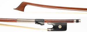 A silver-mounted cello bow by A. Lamy, Paris, circa 1910 — head and frog