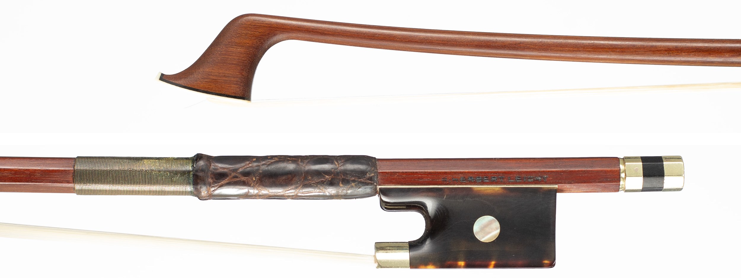 A gold and tortoiseshell-mounted violin bow by R. Herbert Leicht, Germany — head and frog