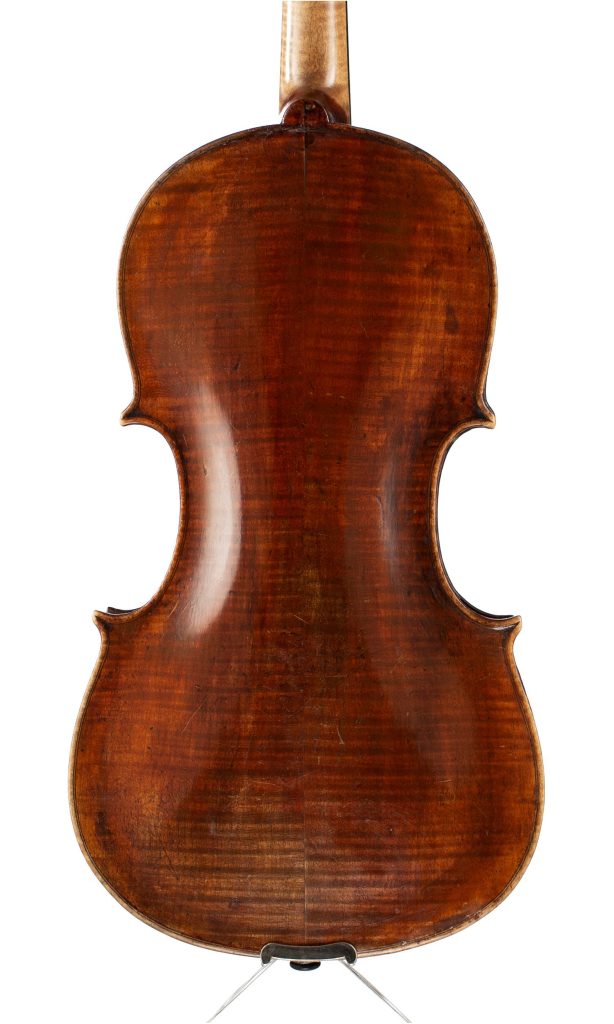 Violin, labelled Repaired by H. Stoneman, Exeter, 1924 — back